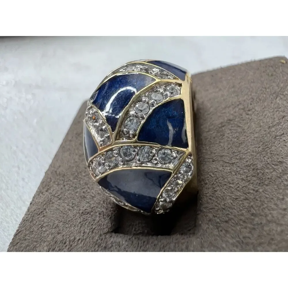 Formal Wear Statement Gold‎ Plated Blue Enamel Chunky Ring - Size 5